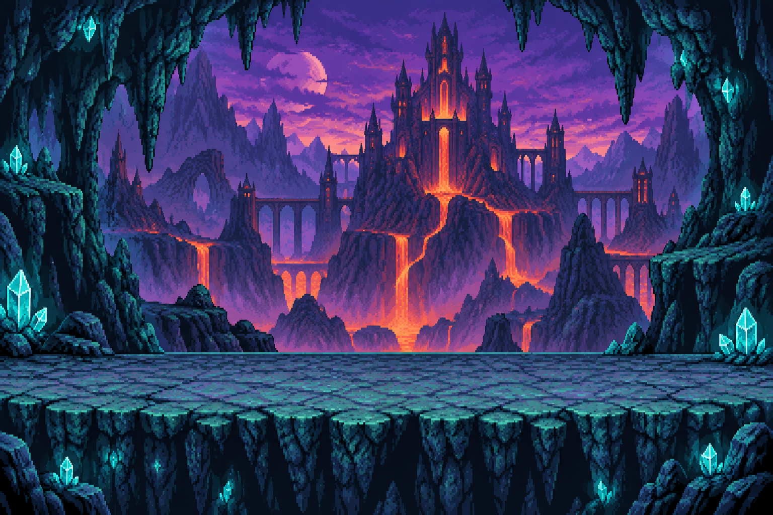 Colorful pixel art lava cavern and stone battle platform
